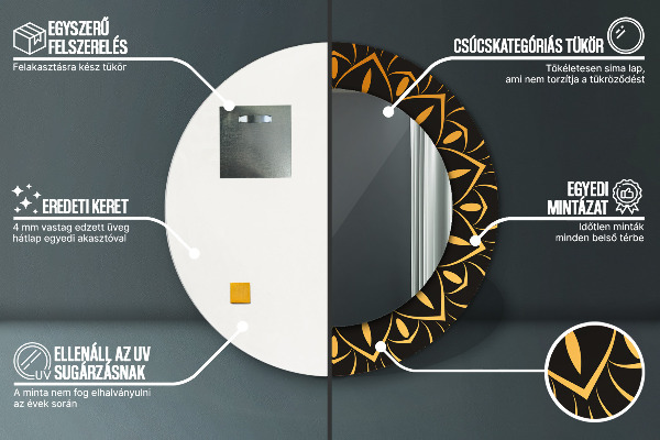 Espelho com moldura impressa redondo Mandala dourada