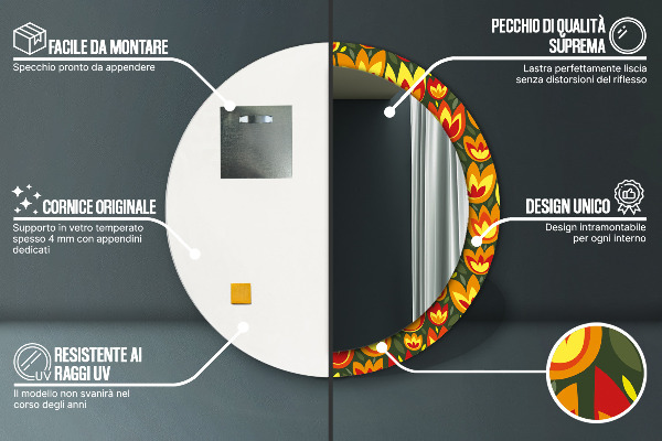 Espelho com moldura impressa redondo Túlipas retro