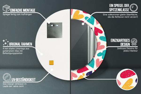 Espelho de parede circular decorativo Corações coloridos
