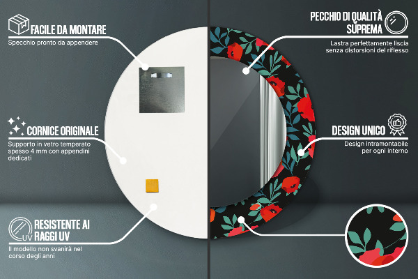Espelho circular de parede decorativo Papoila vermelha