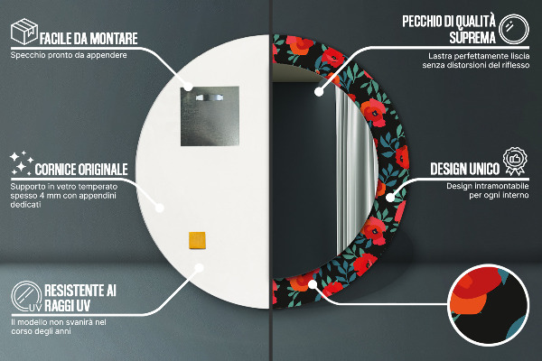 Espelho circular de parede decorativo Papoila vermelha