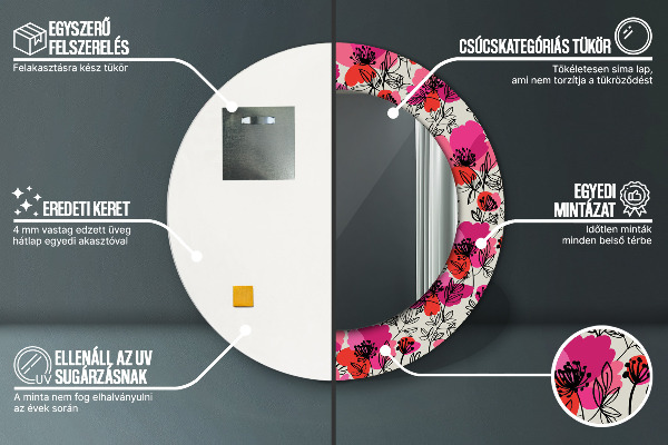 Espelho circular de parede decorativo Papoilas cor-de-rosa