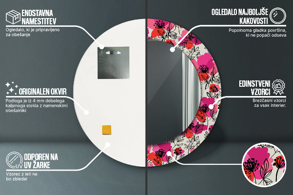 Espelho circular de parede decorativo Papoilas cor-de-rosa