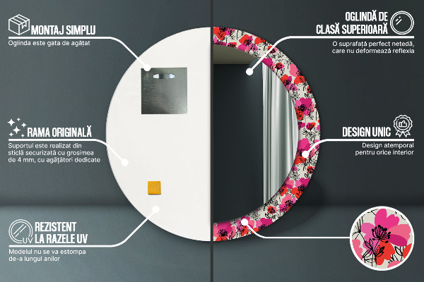 Espelho circular de parede decorativo Papoilas cor-de-rosa