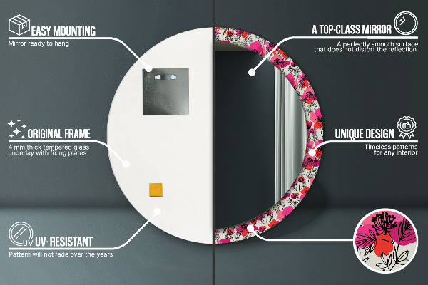 Espelho circular de parede decorativo Papoilas cor-de-rosa