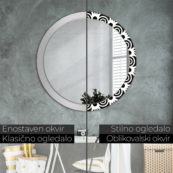 Espelho circular de parede decorativo Ornamento geométrico preto