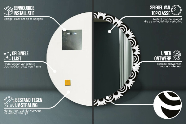 Espelho circular de parede decorativo Ornamento geométrico preto