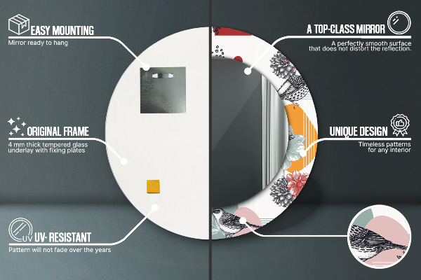 Espelho circular de parede decorativo Abstrato com pássaros