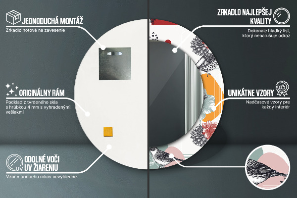 Espelho circular de parede decorativo Abstrato com pássaros