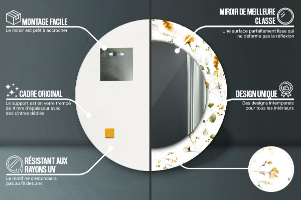 Espelho com moldura impressa redondo Flores do campo