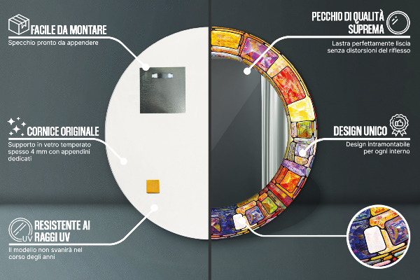 Espelho com moldura impressa redondo Vitral colorido