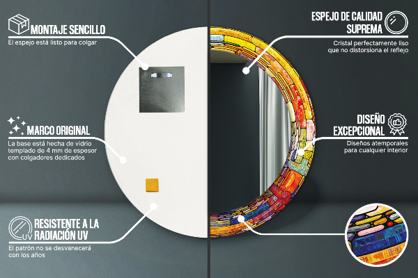 Espelho com moldura impressa redondo Vitral colorido
