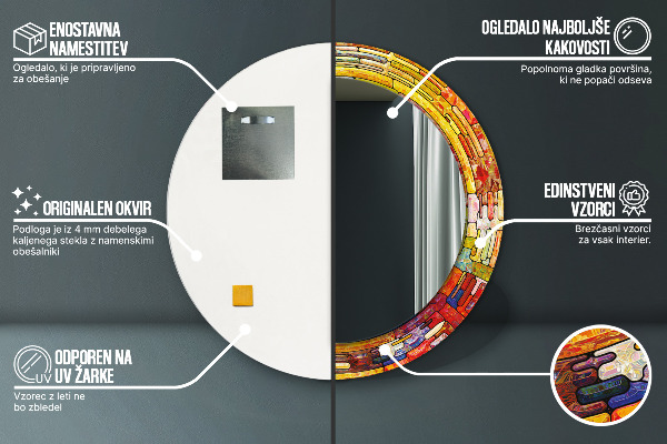 Espelho com moldura impressa redondo Vitral colorido