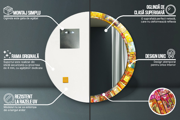 Espelho com moldura impressa redondo Vitral colorido