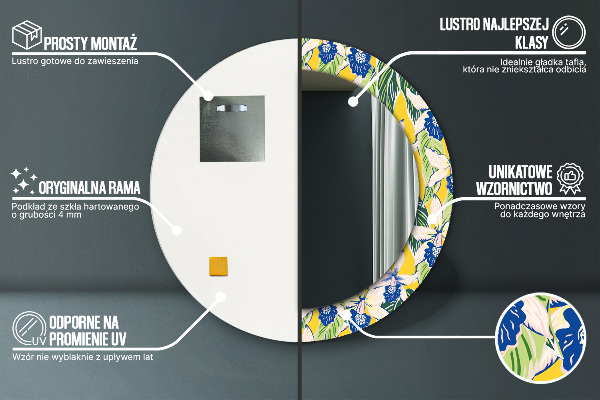 Espelho com moldura impressa redondo Orquídeas azuis e amarelas