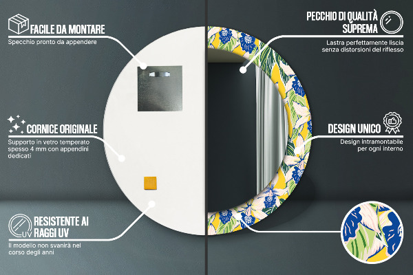 Espelho com moldura impressa redondo Orquídeas azuis e amarelas