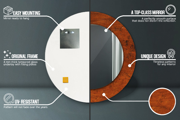 Espelho com moldura impressa redondo Madeira natural