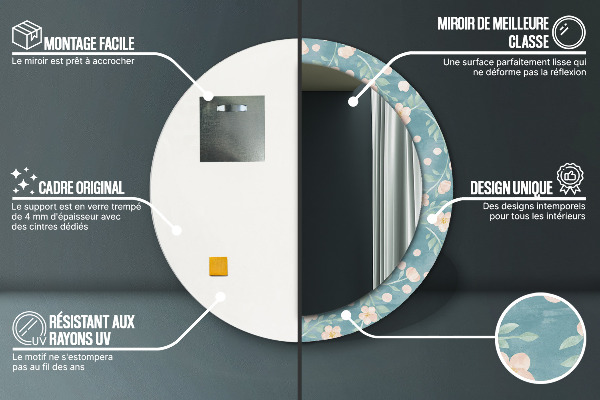 Espelho com moldura impressa redondo Padrão floral