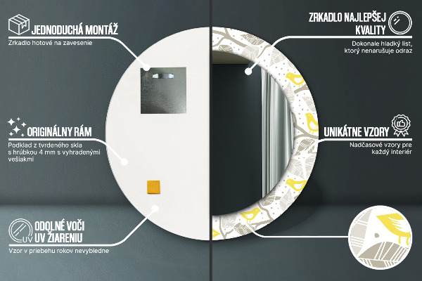 Espelho com moldura impressa redondo Pássaros amarelos em ramos