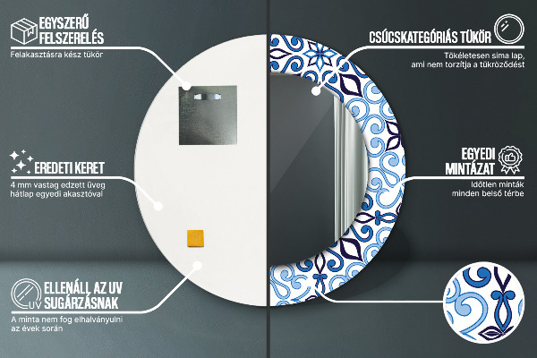 Espelho de parede circular decorativo Padrão árabe azul