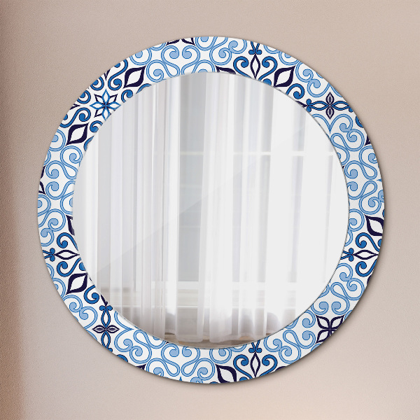 Espelho de parede circular decorativo Padrão árabe azul