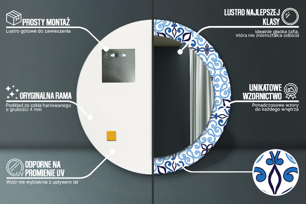 Espelho de parede circular decorativo Padrão árabe azul