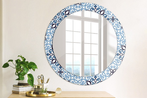 Espelho de parede circular decorativo Padrão árabe azul