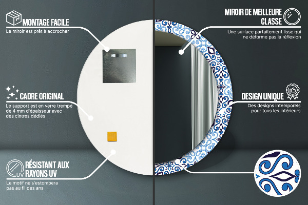 Espelho de parede circular decorativo Padrão árabe azul