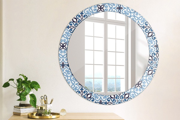 Espelho de parede circular decorativo Padrão árabe azul