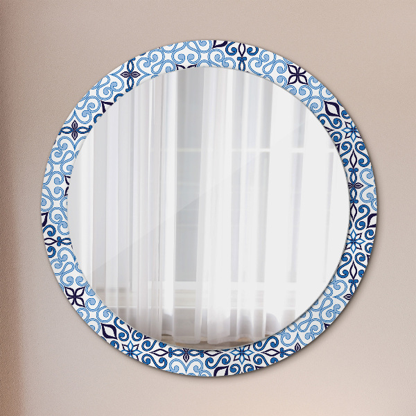Espelho de parede circular decorativo Padrão árabe azul