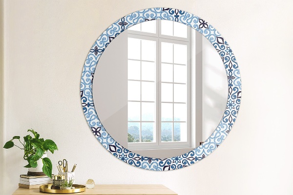Espelho de parede circular decorativo Padrão árabe azul