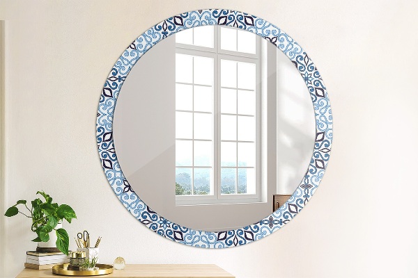 Espelho de parede circular decorativo Padrão árabe azul