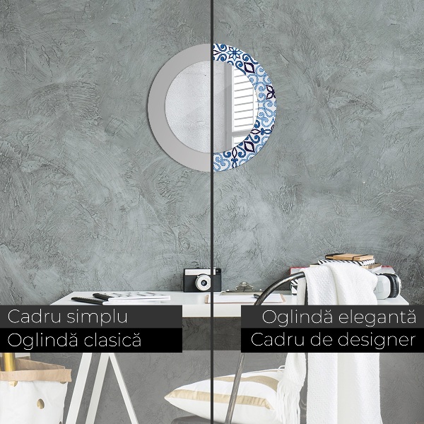 Espelho de parede circular decorativo Padrão árabe azul