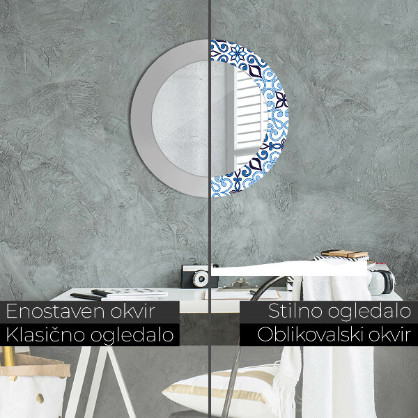 Espelho de parede circular decorativo Padrão árabe azul