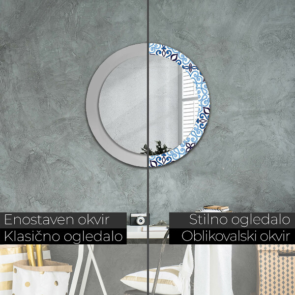 Espelho de parede circular decorativo Padrão árabe azul