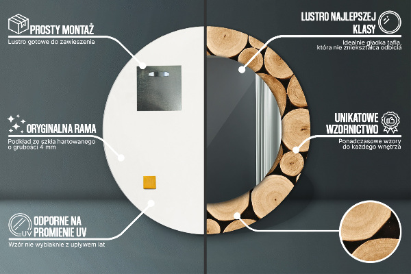 Espelho com moldura impressa redondo Troncos de madeira