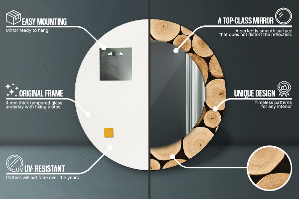 Espelho com moldura impressa redondo Troncos de madeira