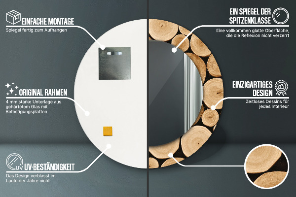 Espelho com moldura impressa redondo Troncos de madeira