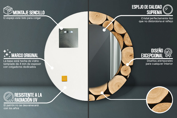 Espelho com moldura impressa redondo Troncos de madeira