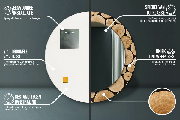 Espelho com moldura impressa redondo Troncos de madeira