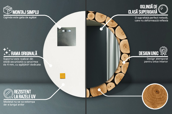 Espelho com moldura impressa redondo Troncos de madeira