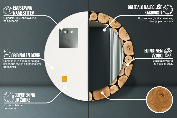 Espelho com moldura impressa redondo Troncos de madeira