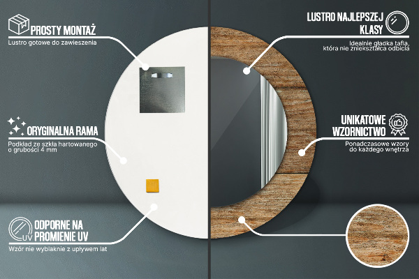 Espelho com moldura impressa redondo Madeira antiga