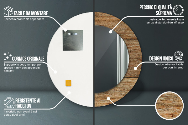 Espelho com moldura impressa redondo Madeira antiga