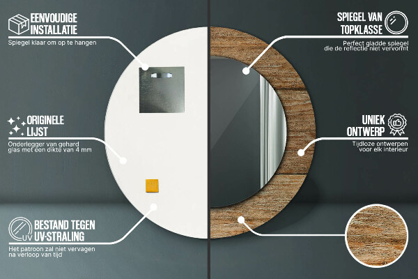 Espelho com moldura impressa redondo Madeira antiga