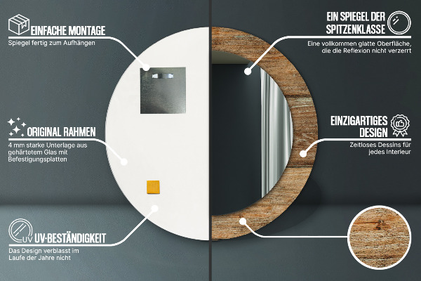 Espelho com moldura impressa redondo Madeira antiga