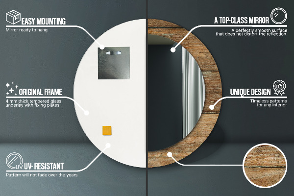 Espelho com moldura impressa redondo Madeira antiga