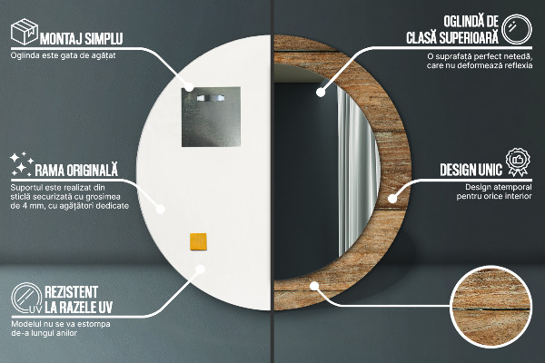 Espelho com moldura impressa redondo Madeira antiga