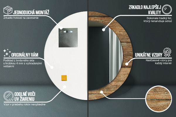 Espelho com moldura impressa redondo Madeira antiga