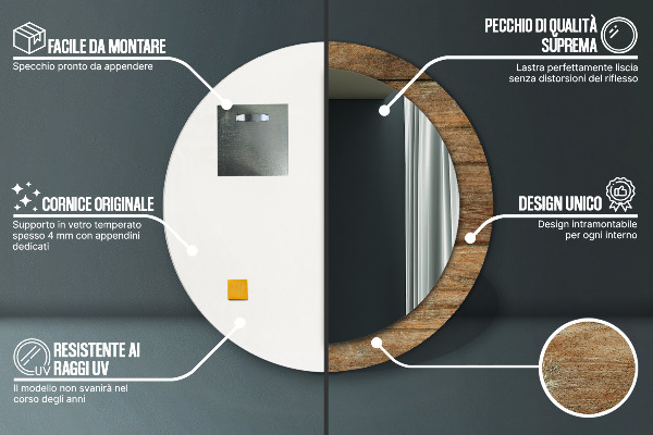Espelho com moldura impressa redondo Madeira antiga